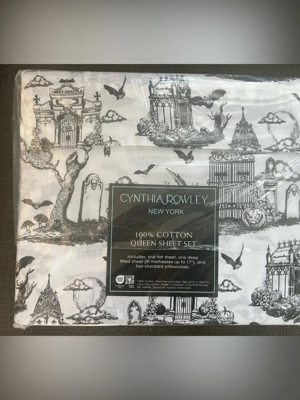 CYNTHIA ROWLEY Queen Sheet Set Halloween Haunted Toile Black White 4PC cotton